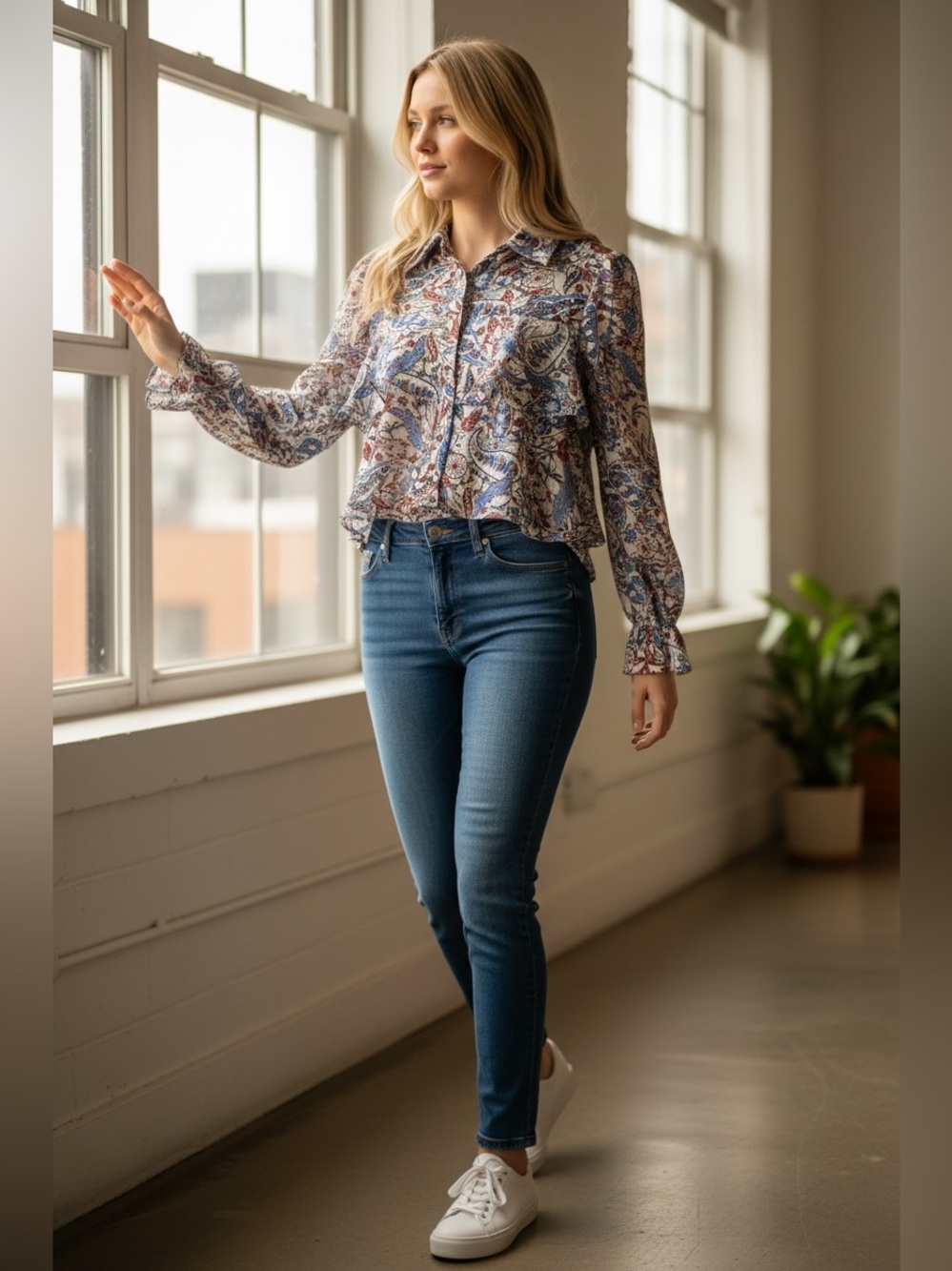 SHEIN Multicolor Paisley Ruffle Crop Blouse